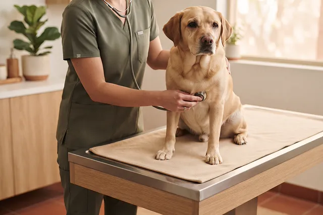 Veterinaria auscultando a un perro en la consulta