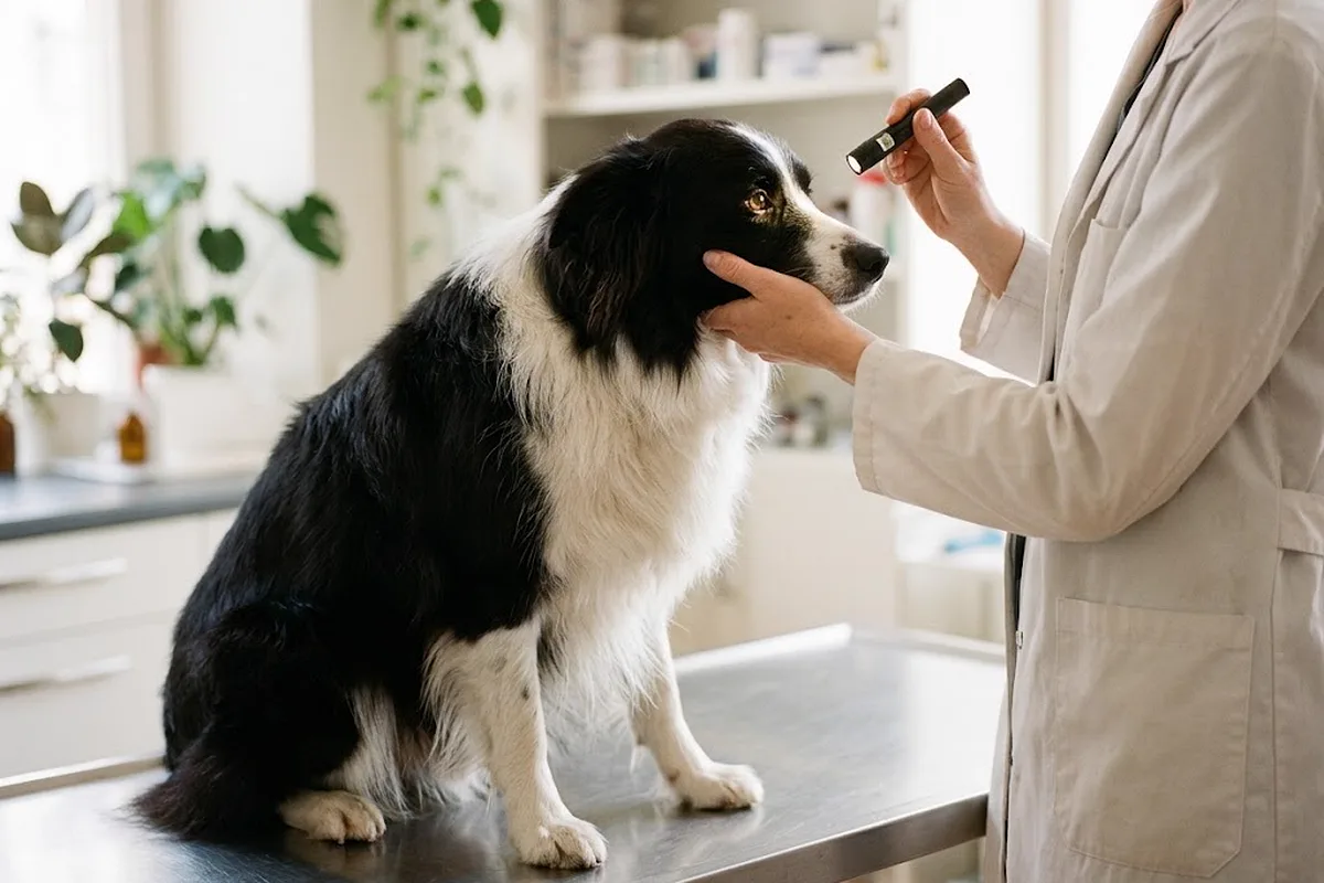 Veterinaria revisando el ojo de un border collie con una luz de bolsillo sobre la camilla