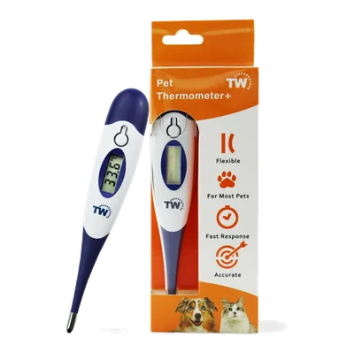 Termómetro digital de punta flexible Thermometer World para mascotas, junto a su caja